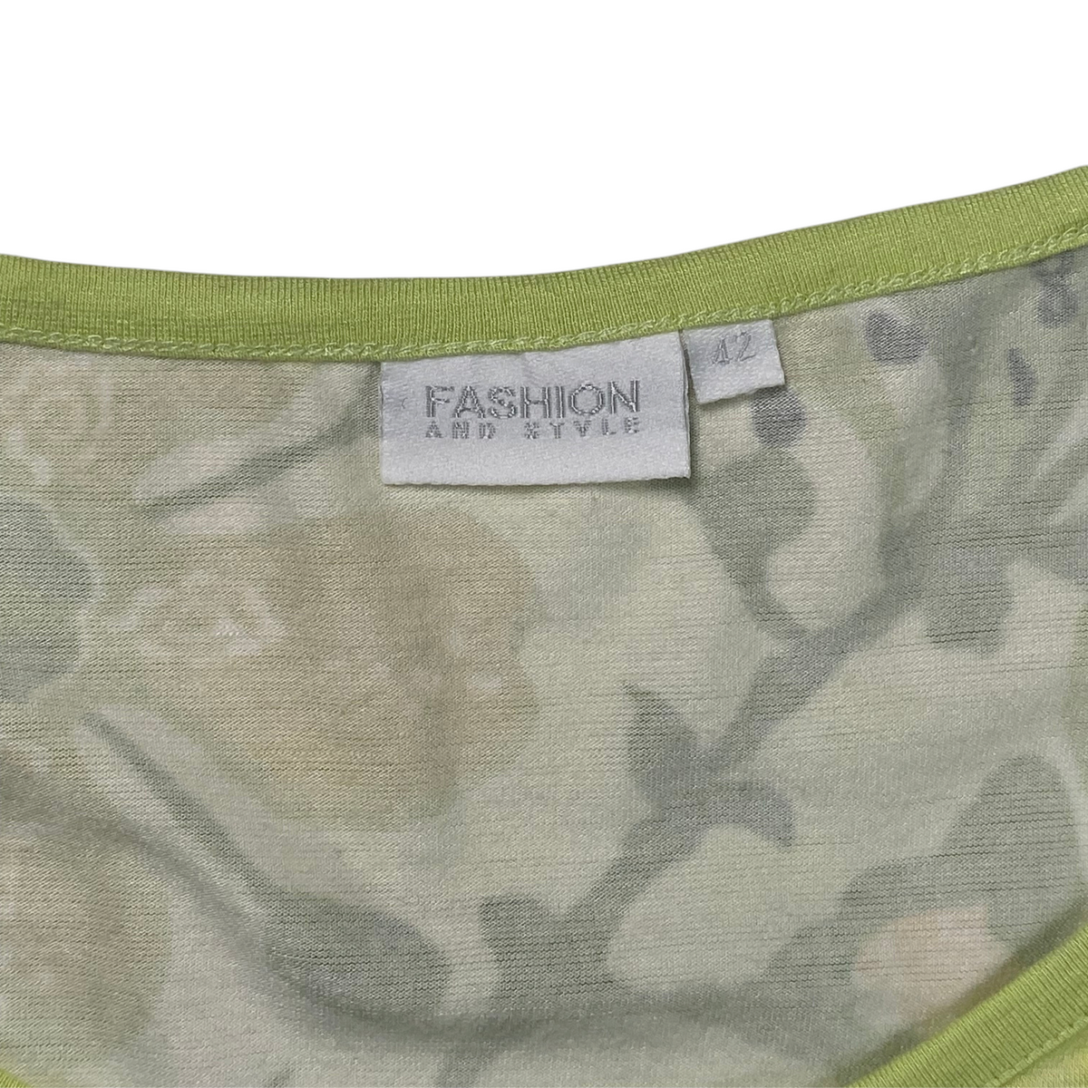Digg It Thrift & Vintage olive and yellow floral paisley top with a lime green neckline and size 42 tag