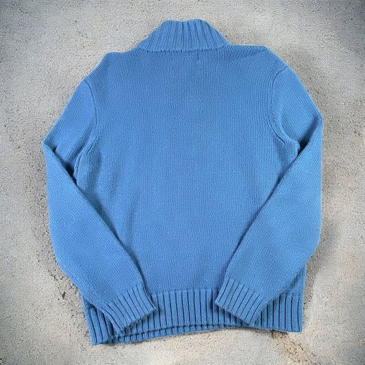 Polo Ralph Lauren Quarter-Zip Long Sleeve Blue Cotton Knit Sweater Yellow Embroidered Logo