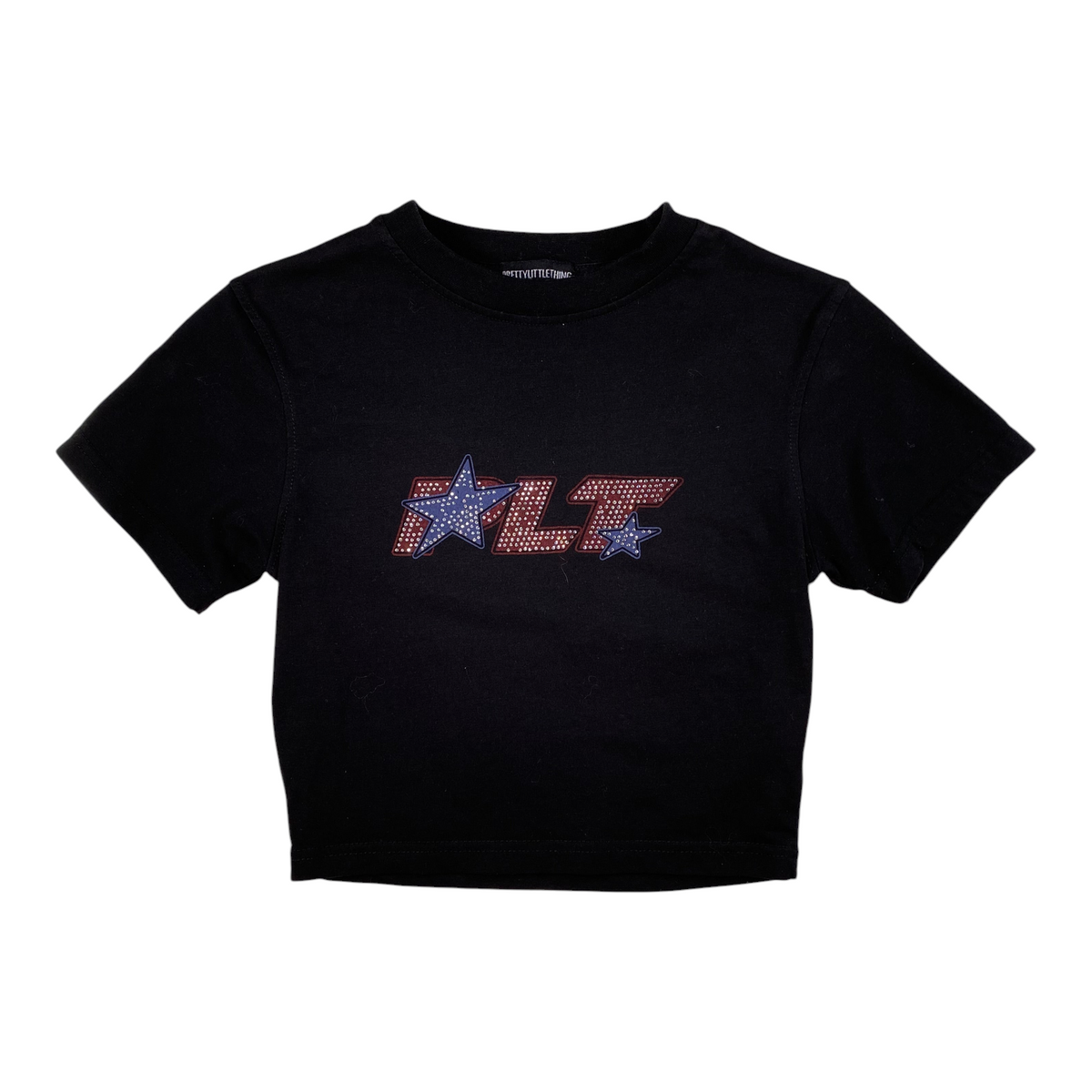 Digg It Thrift & Vintage black cropped t-shirt with red, white, and blue rhinestone PLT star logo graphic