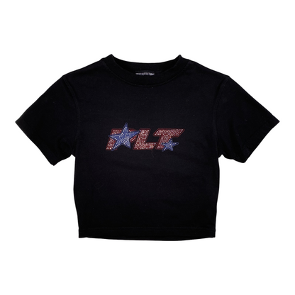 Digg It Thrift & Vintage black cropped t-shirt with red, white, and blue rhinestone PLT star logo graphic