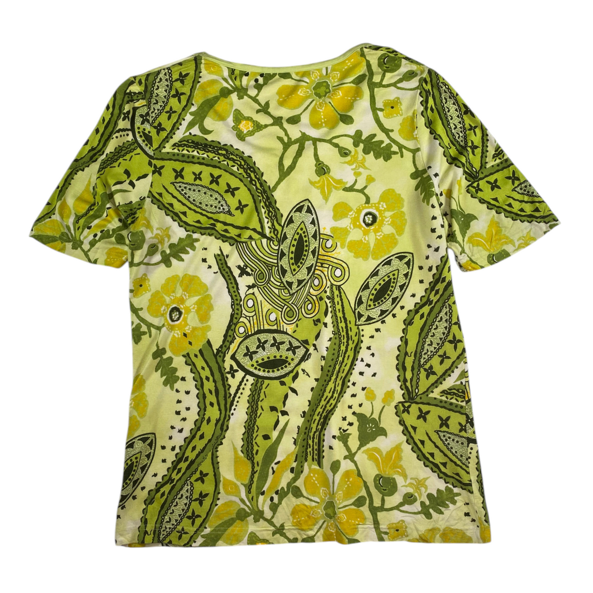 Digg It Thrift & Vintage olive and yellow floral paisley print short sleeve top with a crew neck, size medium