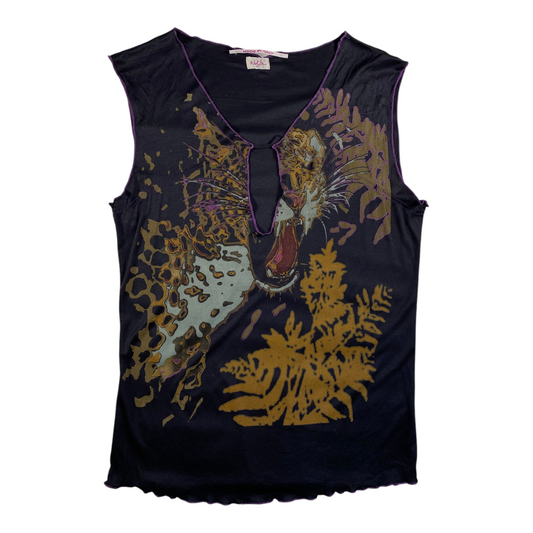 Digg It Thrift & Vintage Nolita NYC sleeveless top with roaring leopard graphic, keyhole neck, and purple trim.