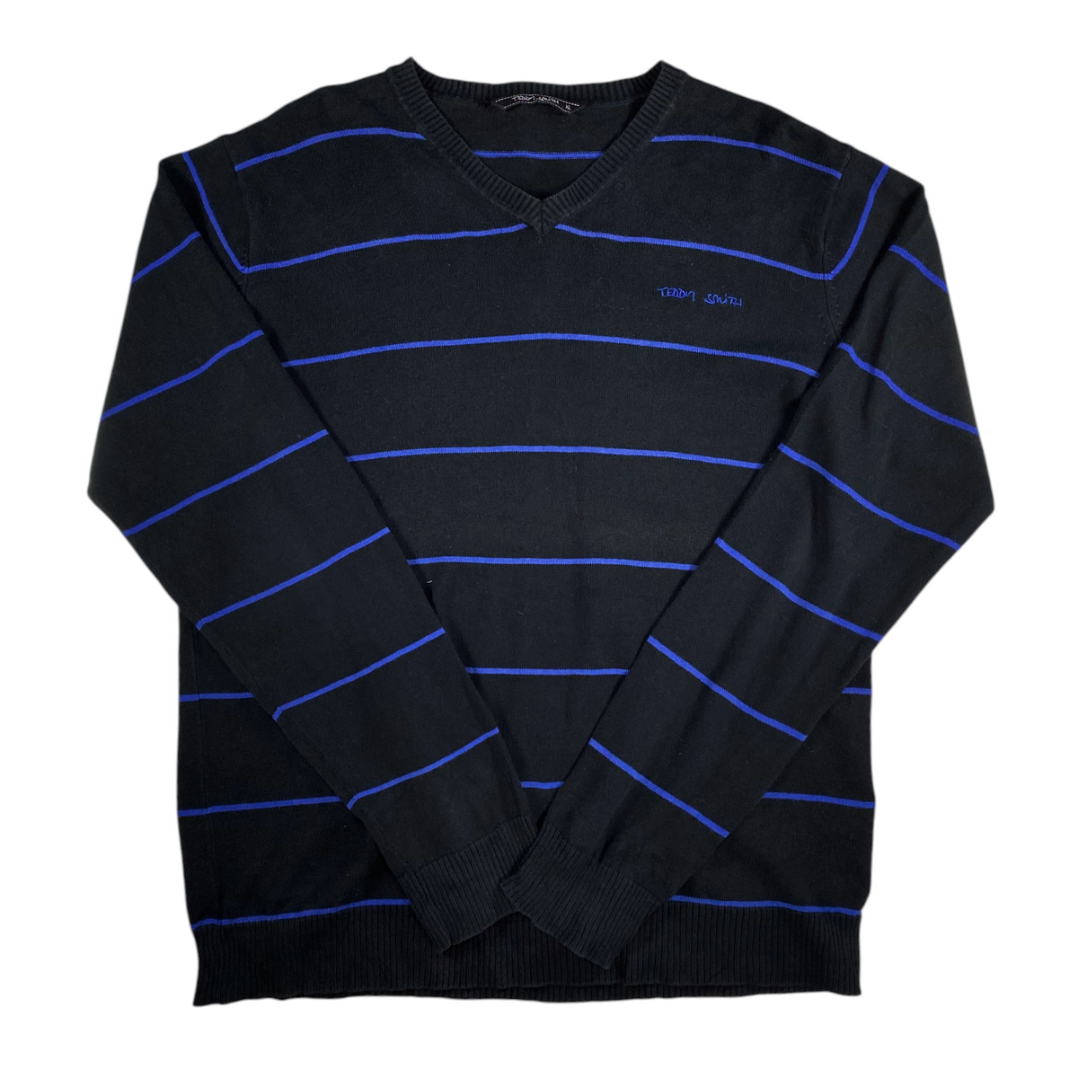 Digg It Thrift & Vintage Teddy Smith black and royal blue striped V-neck knit sweater in size XL