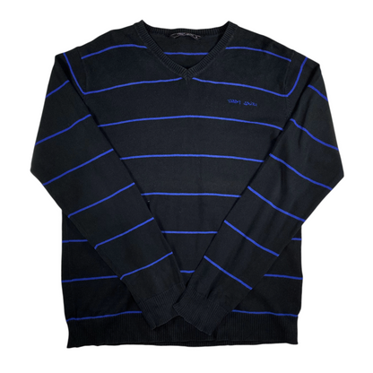 Digg It Thrift & Vintage Teddy Smith black and royal blue striped V-neck knit sweater in size XL