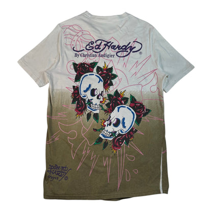 Ed Hardy By Christian Audigier t-shirt featuring a skull and rose graphic design with a gradient from light gray to olive green, on a white background.