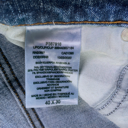 Digg It Thrift & Vintage Dickies Flex jeans interior care label showing fabric composition and size 40x30