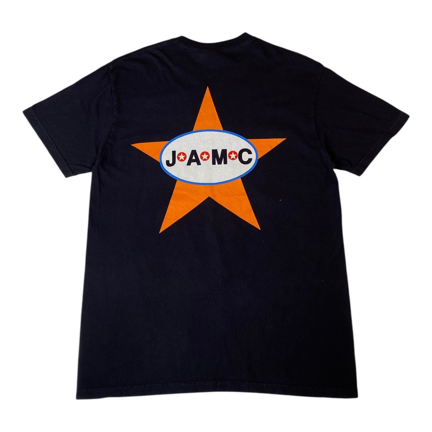 A black short-sleeve t-shirt with a large graphic on the back featuring an orange star and a white oval logo with the text 'JO'A'MOC' in black and a small red cross.