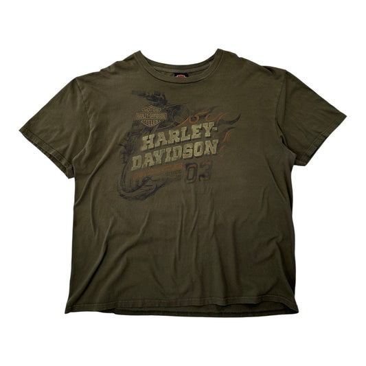 Vintage Y2K Harley-Davidson Newmarket Suffolk England Graphic Dark Green T-shirt