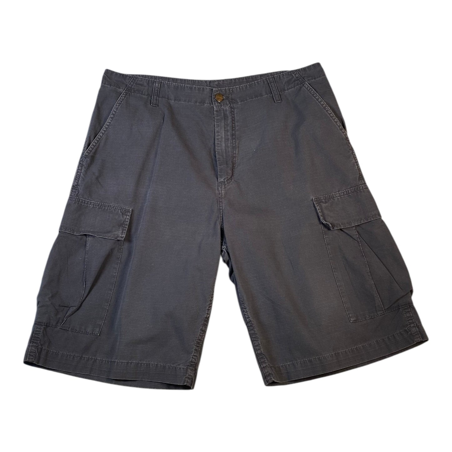 A pair of dark gray cargo shorts with multiple utility pockets, laid flat against a white background.