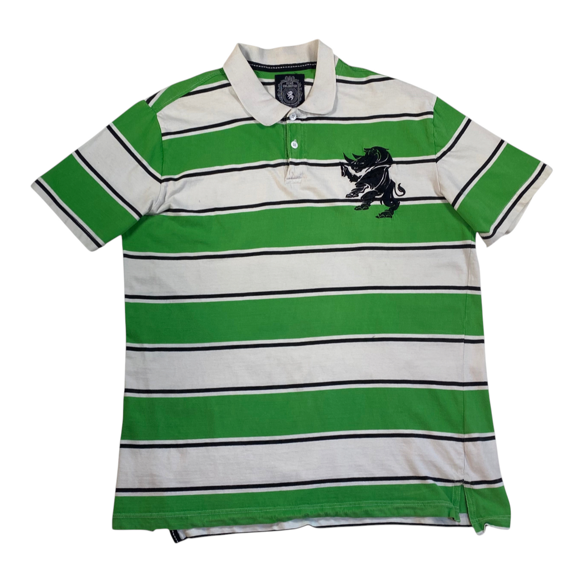 Digg It Thrift & Vintage Eckō Unltd. white and green striped polo shirt with black rhino embroidery on the chest