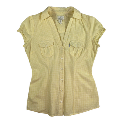 Digg It Thrift & Vintage yellow gingham short sleeve Western shirt with button-down front and dual chest pockets.