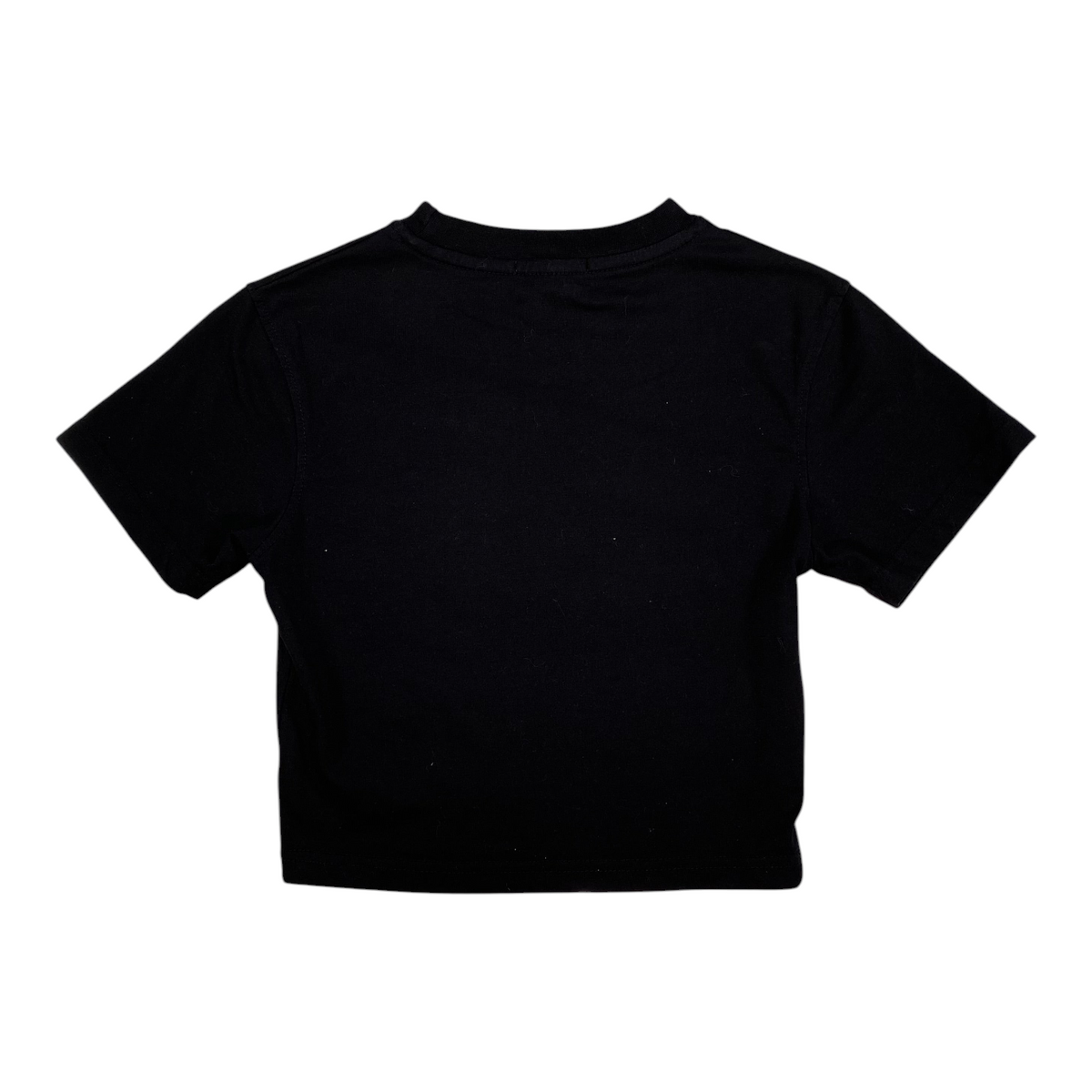 Back view of a black PrettyLittleThing crop t-shirt from Digg It Thrift & Vintage, featuring a simple crew neck.