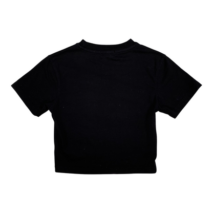 Back view of a black PrettyLittleThing crop t-shirt from Digg It Thrift & Vintage, featuring a simple crew neck.