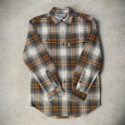Carhartt Woven Flannel brown, grey, and orange plaid Long Sleeve Shirt