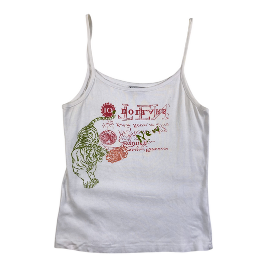 Digg It Thrift & Vintage white camisole tank top featuring a green Asian tiger and red graphic print