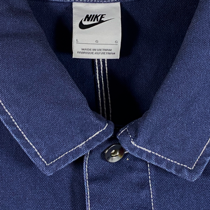 Digg It Thrift & Vintage Nike Life navy canvas chore jacket with white contrast stitching and size large label