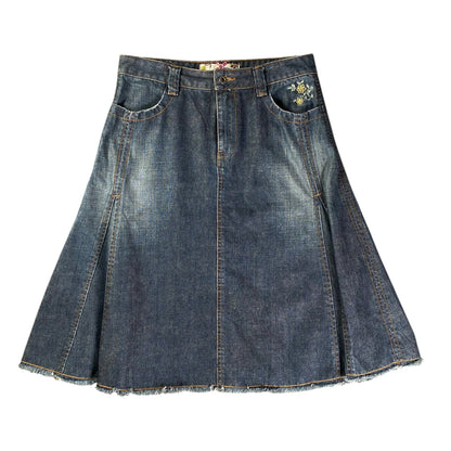 White Stuff Floral Embroidered Pleated Denim Midi Blur Skirt