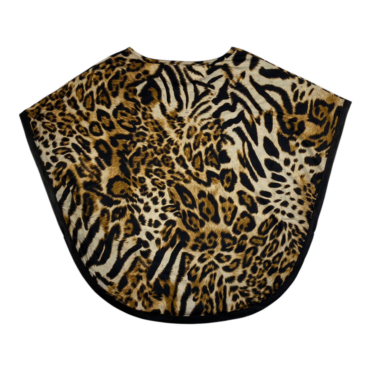 Digg It Thrift & Vintage animal print poncho top with black trim and rhinestone accents, fits like an XS