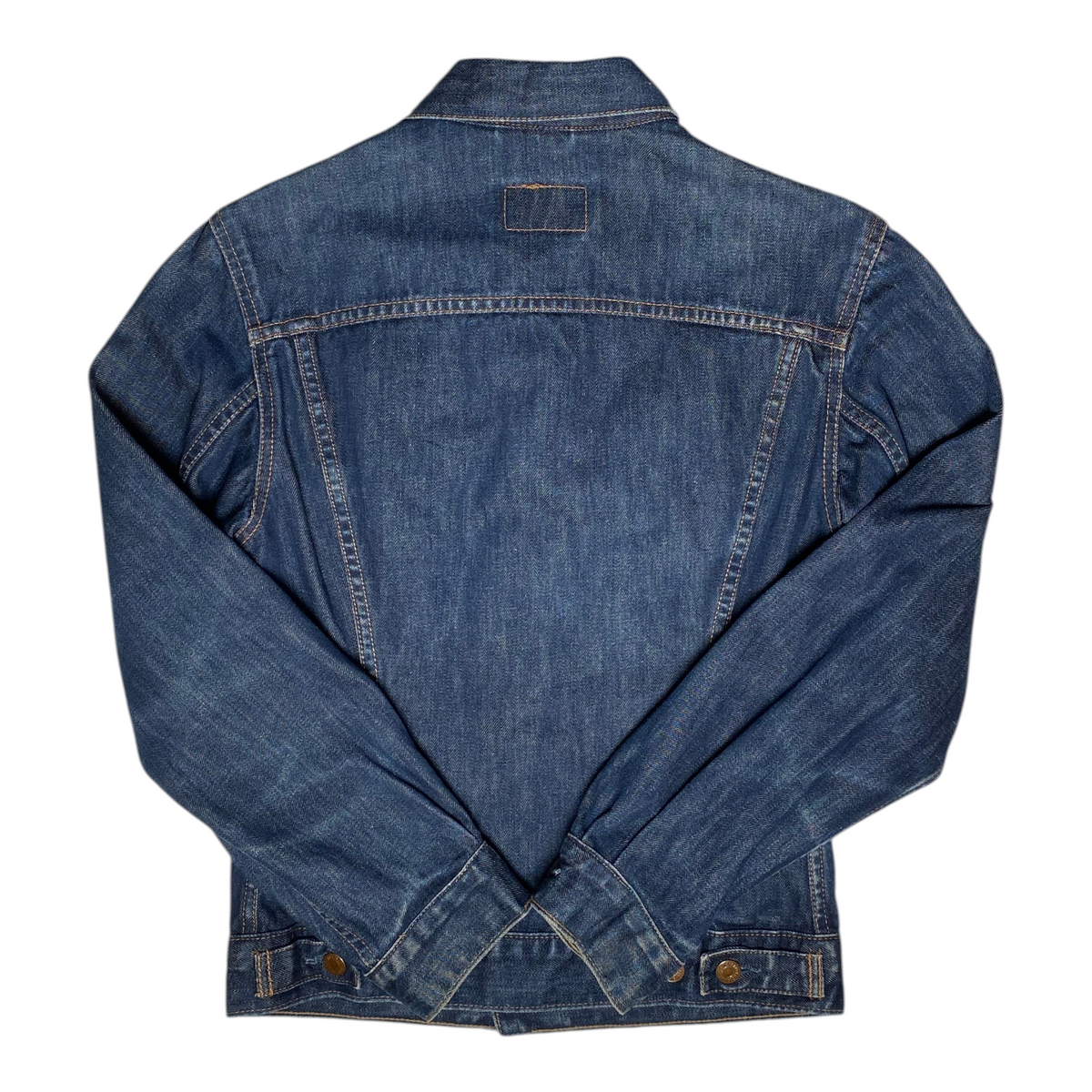 Back view of a vintage Digg It Thrift & Vintage Levi's For Girls blue denim trucker jacket with contrast stitching.