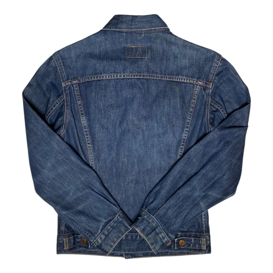 Back view of a vintage Digg It Thrift & Vintage Levi's For Girls blue denim trucker jacket with contrast stitching.