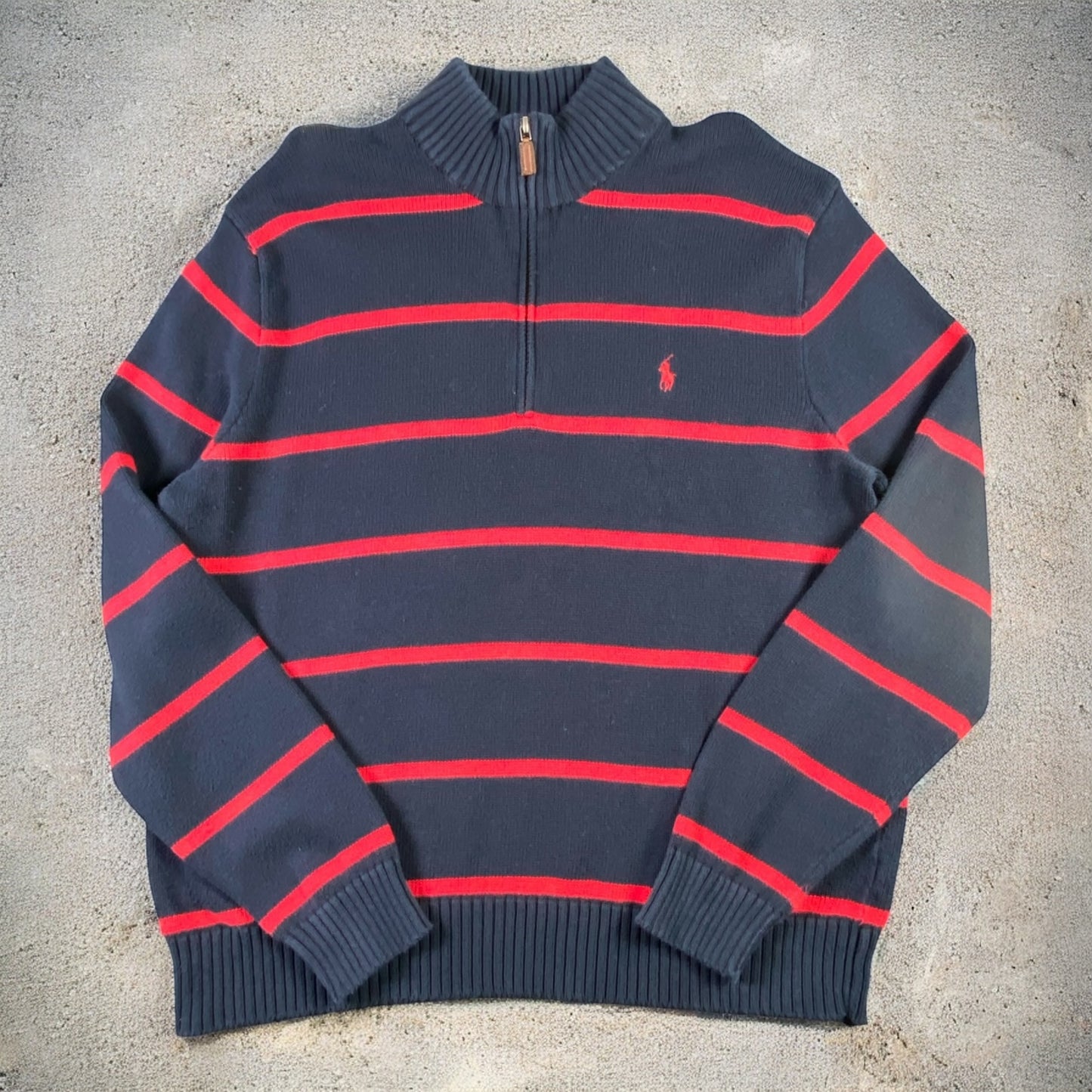 Polo Ralph Lauren Quarter-Zip Navy & Red Striped Red Embroidered Logo Sweater