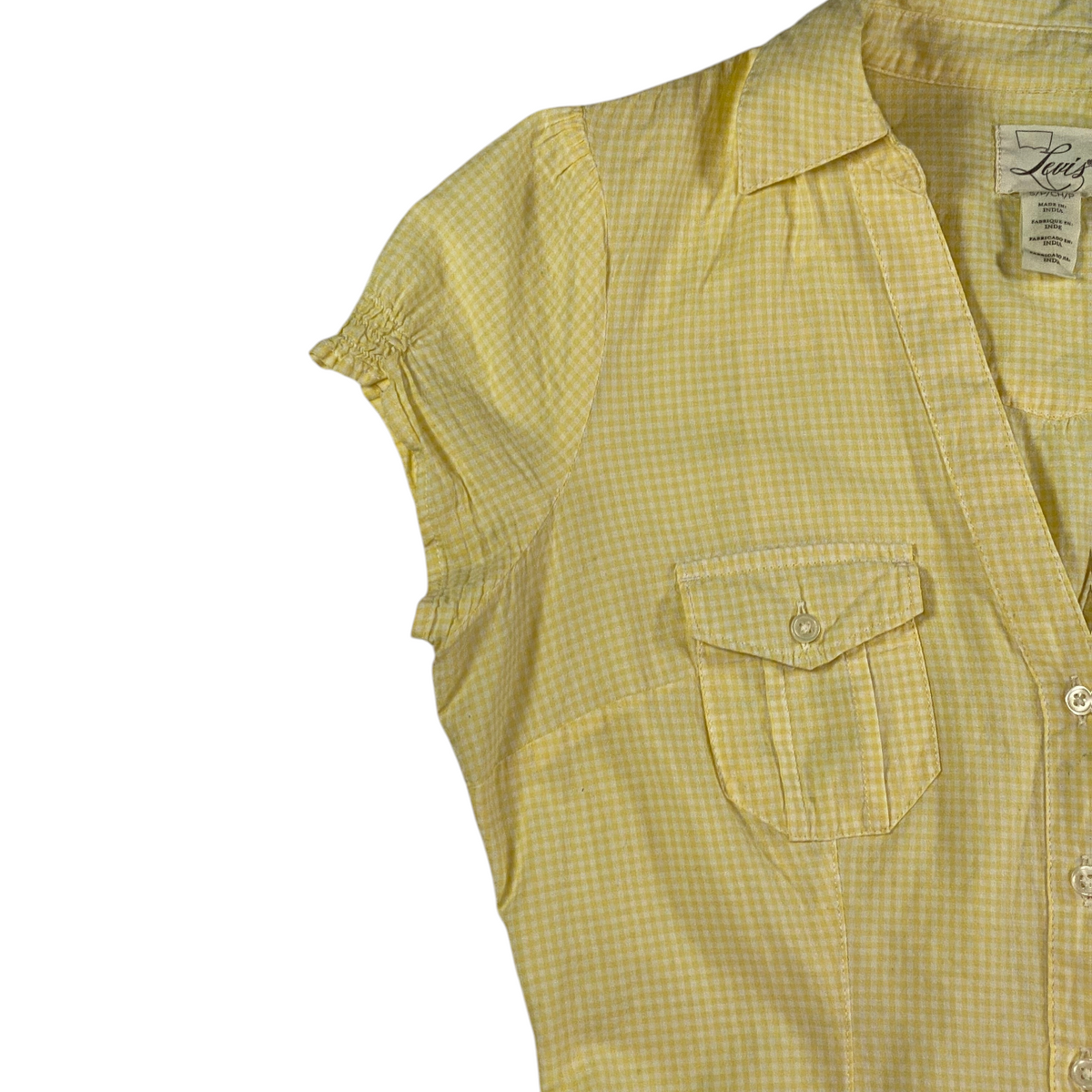 Digg It Thrift & Vintage yellow gingham short sleeve Western shirt with button pocket and cinched sleeve detail