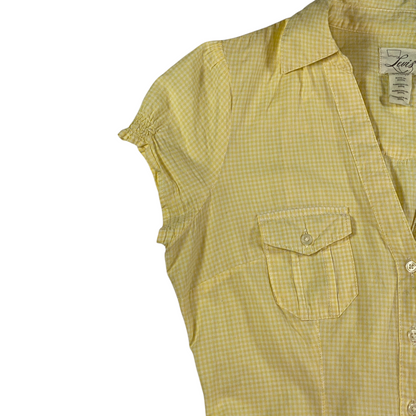 Digg It Thrift & Vintage yellow gingham short sleeve Western shirt with button pocket and cinched sleeve detail
