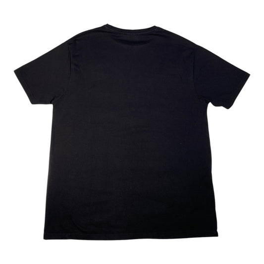 A plain black short-sleeve crewneck t-shirt shown from the back, laid flat against a solid white background.