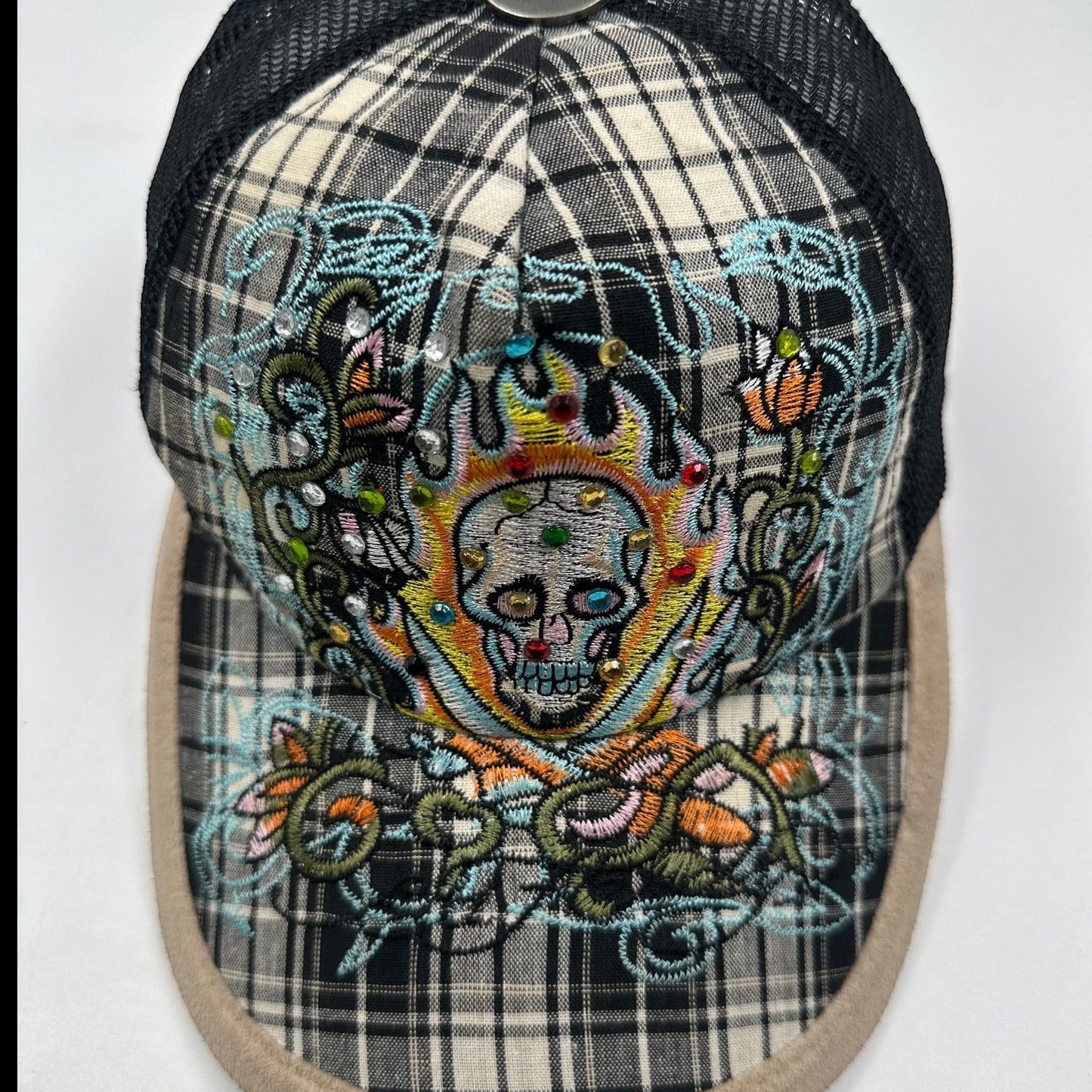 Vintage Y2K Ed Hardy Rhinestone Skull Trucker Cap