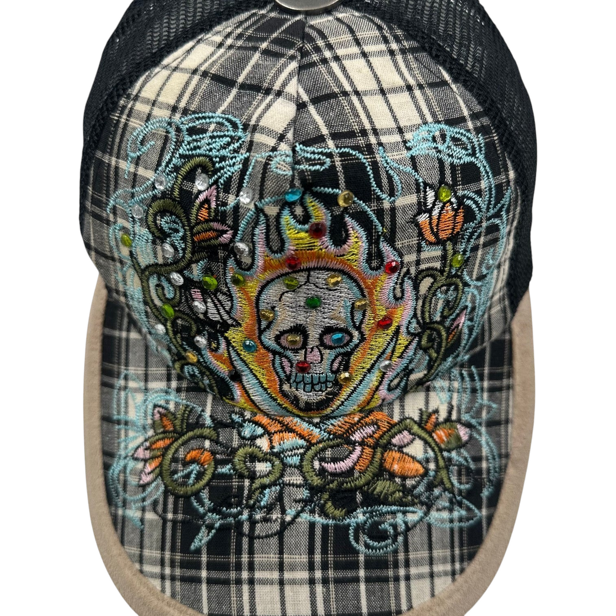 Digg It Thrift & Vintage Y2K Ed Hardy trucker cap with rhinestone skull embroidery and black plaid mesh design.