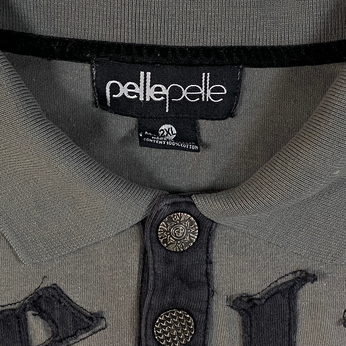 Digg It Thrift & Vintage grey Pelle Pelle polo shirt with gothic lettering and branded metal buttons
