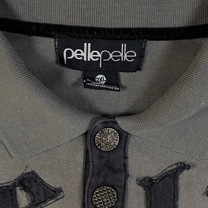 Digg It Thrift & Vintage grey Pelle Pelle polo shirt with gothic lettering and branded metal buttons