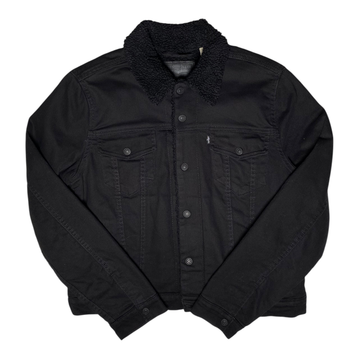 Digg It Thrift & Vintage Levi's all black denim trucker jacket with a warm black sherpa collar, size small fit