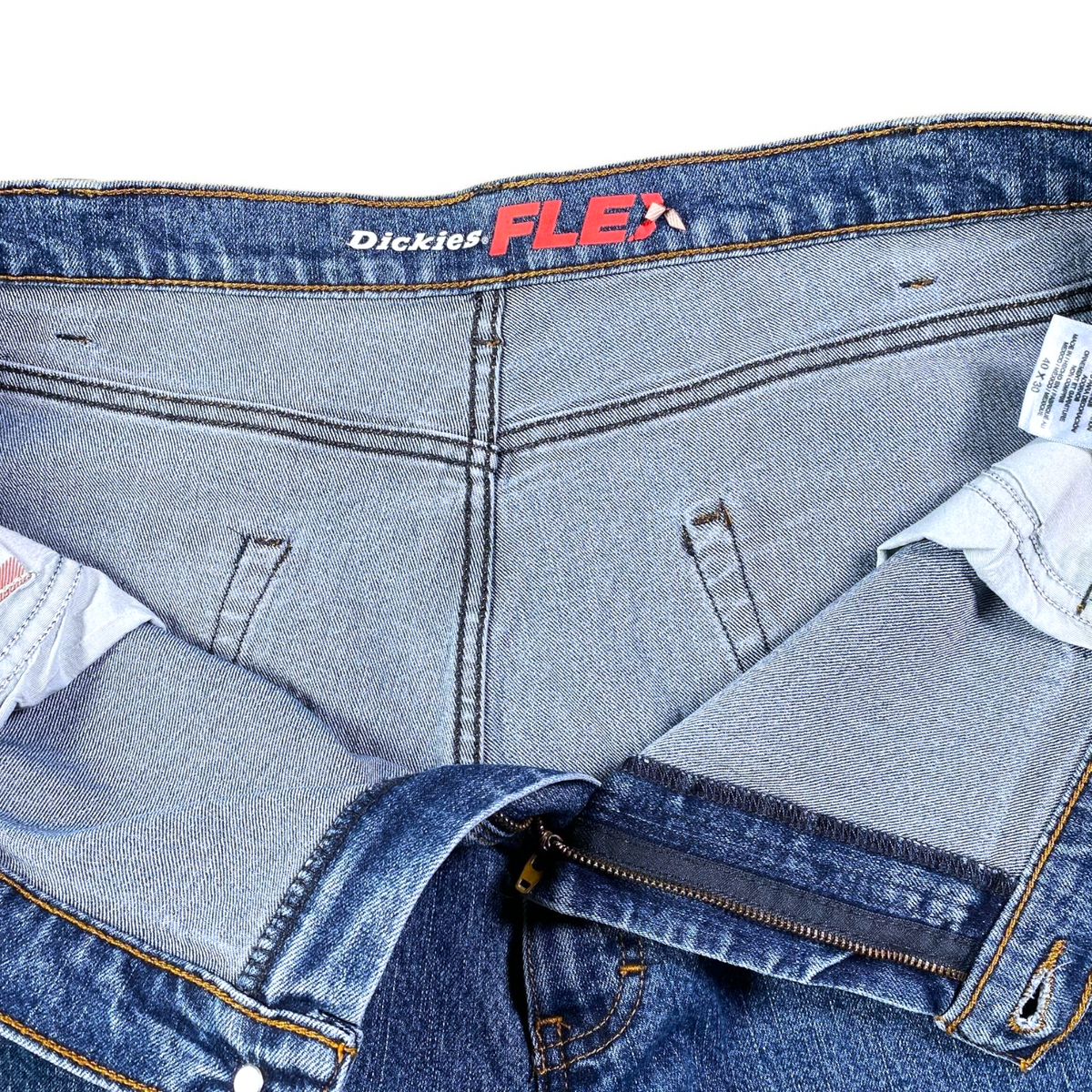 Digg It Thrift & Vintage Dickies Flex blue denim jeans interior showing waistband branding and size tag