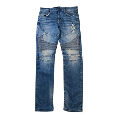 Medium wash blue denim jeans with distressed rips and horizontal seam detailing on the thighs and knees, shown flat against a white background.