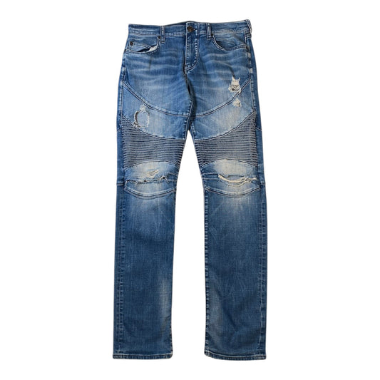 Medium wash blue denim jeans with distressed rips and horizontal seam detailing on the thighs and knees, shown flat against a white background.