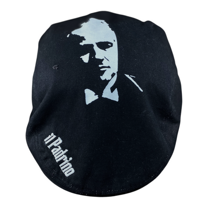 Digg It Thrift & Vintage black flat cap featuring The Godfather graphic and Il Padrino text embroidery