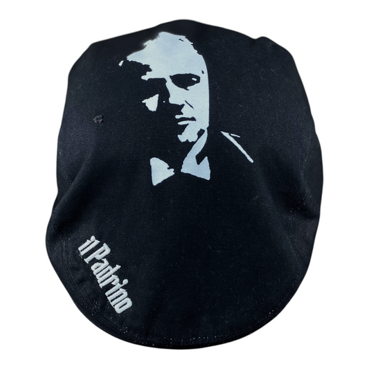 Digg It Thrift & Vintage black flat cap featuring The Godfather graphic and Il Padrino text embroidery