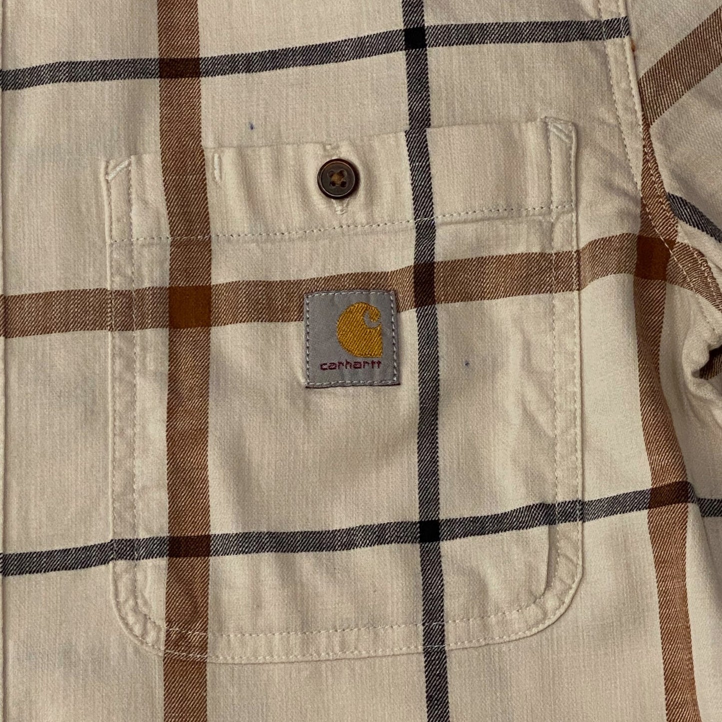 Carhartt Rugged Flex Cream, Blue, & Brown Plaid Pattern Shirt