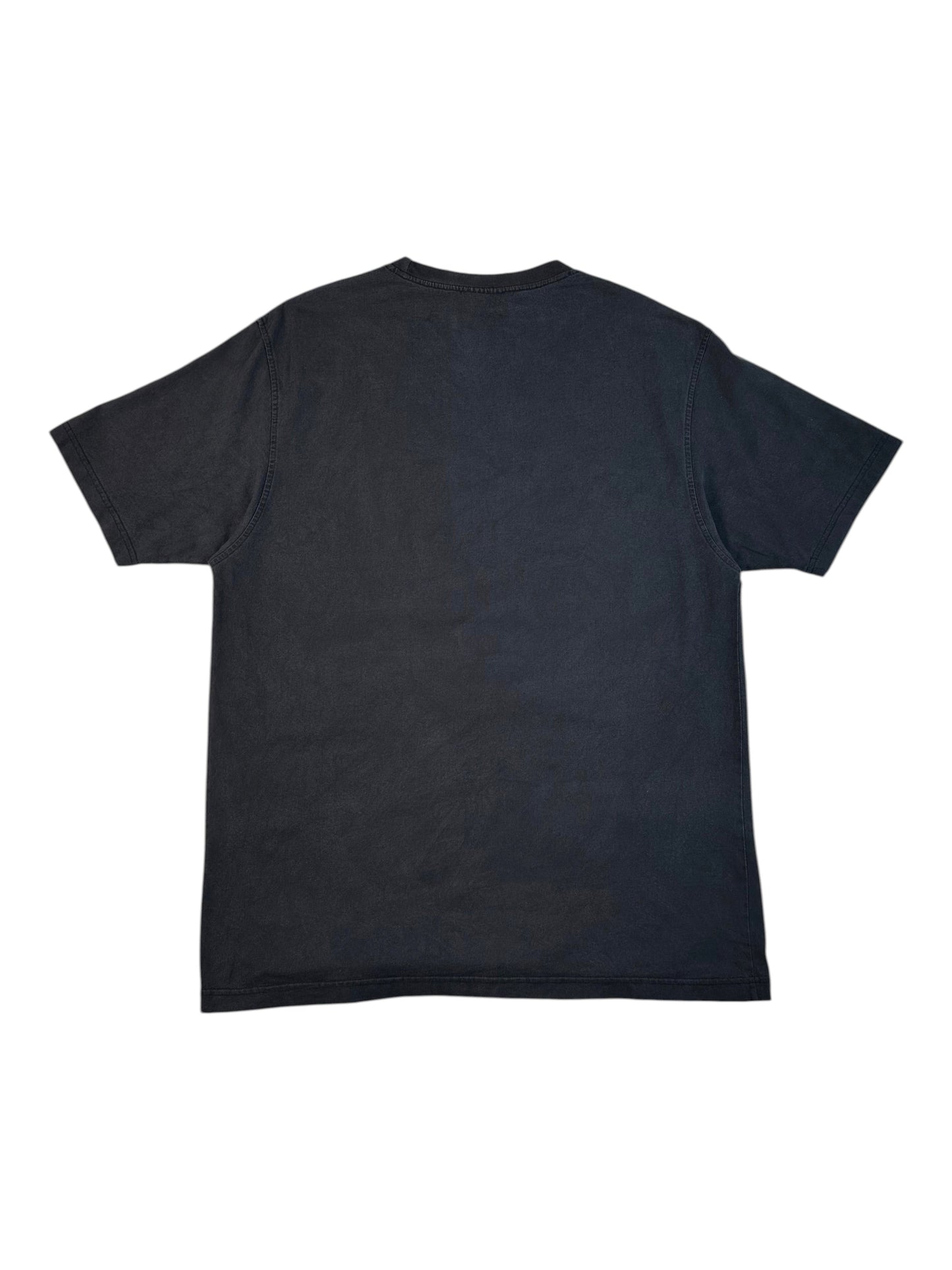 A plain black short-sleeve t-shirt shown from the back, laid flat against a solid white background.