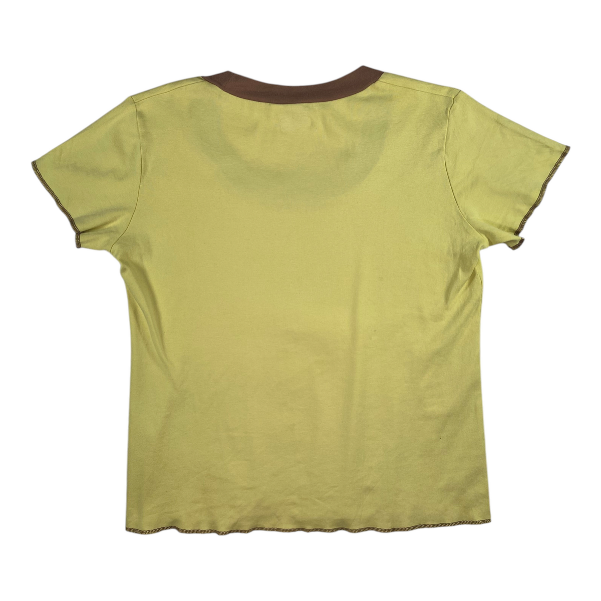Digg It Thrift & Vintage yellow scoop neck t-shirt with brown contrast trim and lettuce edge hem, size large