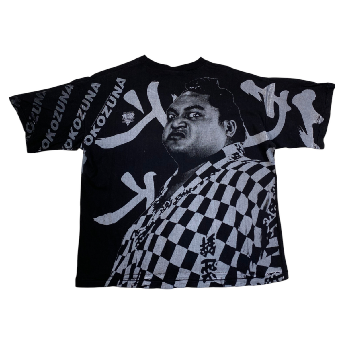 Digg It Thrift & Vintage black vintage WWF Yokozuna all-over graphic t-shirt with checkered pattern