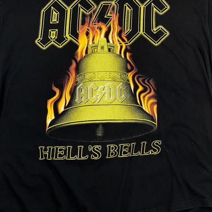 Digg It Thrift & Vintage black AC/DC Hell's Bells graphic t-shirt with a flaming bell design