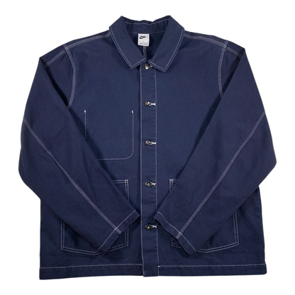 Digg It Thrift & Vintage Nike Life navy blue canvas chore jacket with white contrast stitching and button front