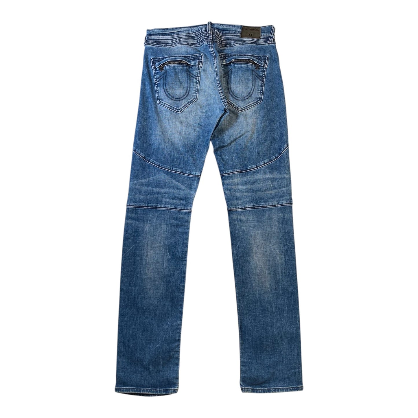A pair of blue denim jeans shown from the back, featuring classic five-pocket styling and a faded wash, isolated on a white background.