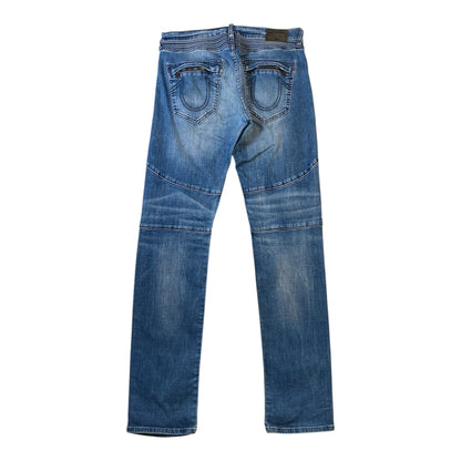 A pair of blue denim jeans shown from the back, featuring classic five-pocket styling and a faded wash, isolated on a white background.