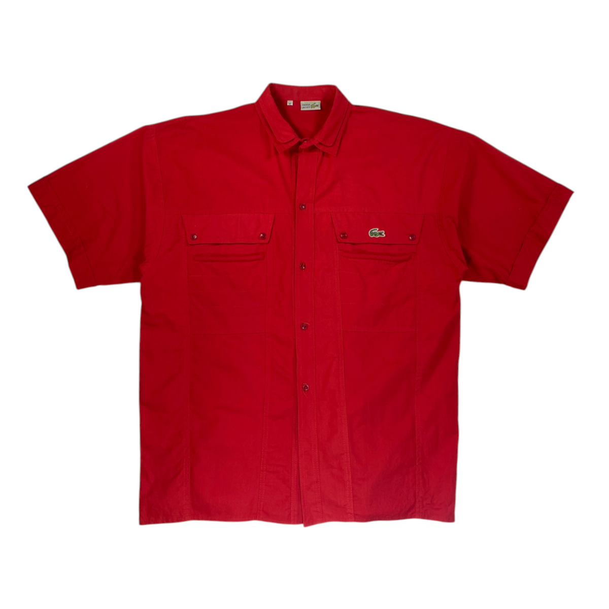 Digg It Thrift & Vintage red Lacoste safari utility short sleeve shirt with button-down front and chest pockets.