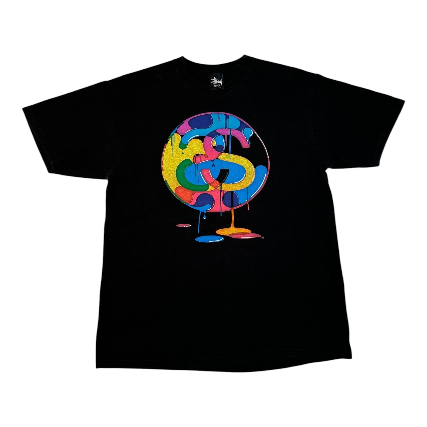 A black short-sleeve t-shirt with a colorful graffiti-style circular graphic on the chest, displayed flat against a solid white background.