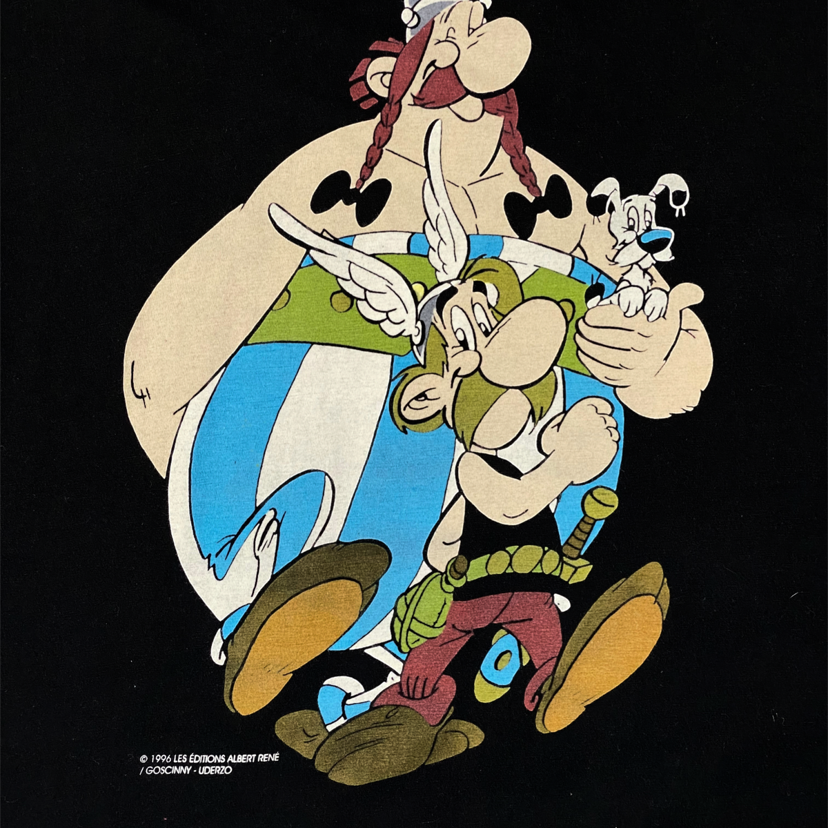 Digg It Thrift & Vintage black t-shirt featuring a 1996 Asterix and Obelix graphic print with Dogmatix
