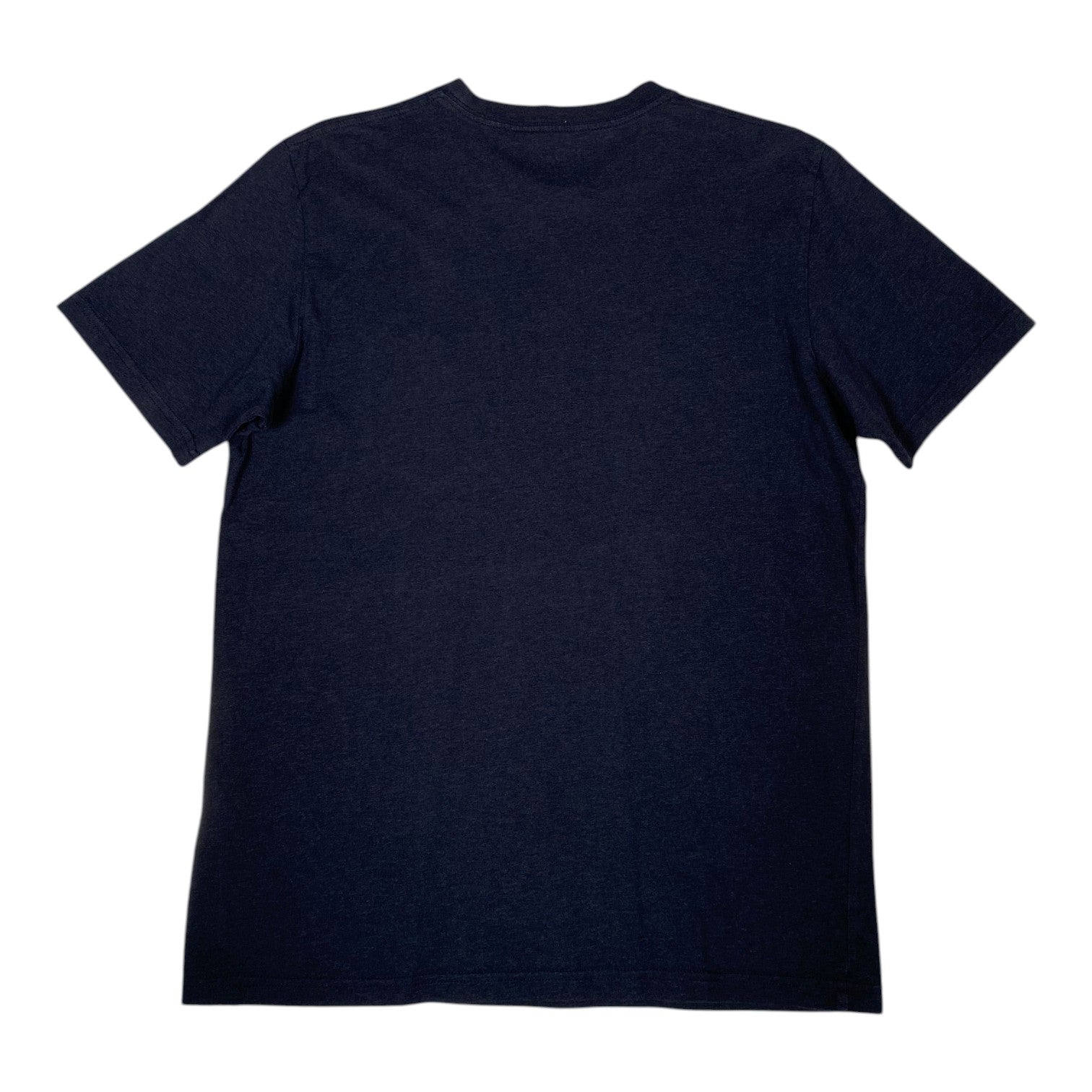 A dark navy blue short-sleeve crewneck t-shirt shown from the back, laid flat against a solid white background.